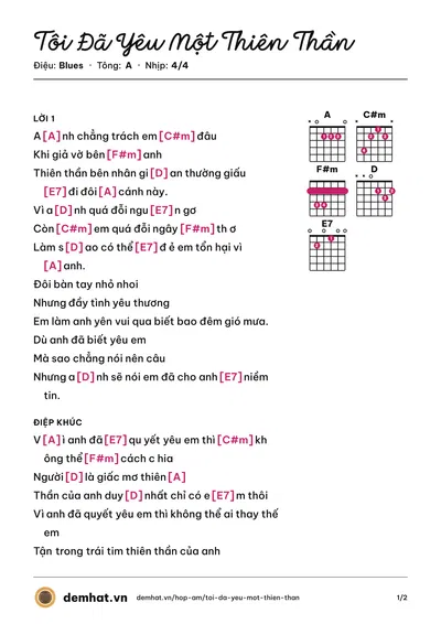 Hợp âm Tôi Đã Yêu Một Thiên Thần (Tim) – bản nhạc PDF trang 1, tông A