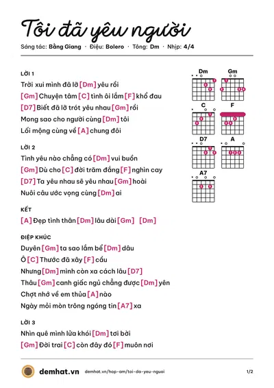 Hợp âm Tôi đã yêu người (Bằng Giang) – bản nhạc PDF trang 1, tông Dm