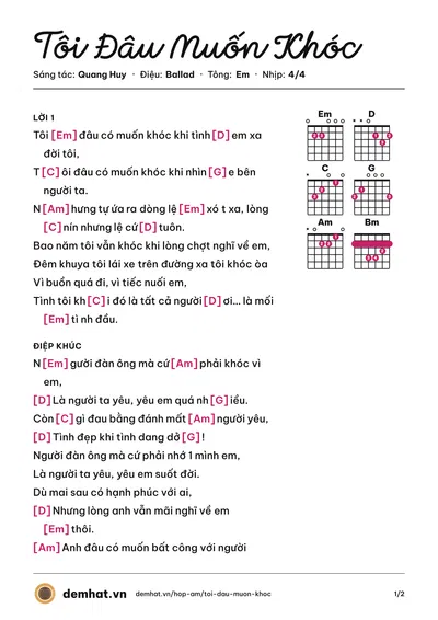 Hợp âm Tôi Đâu Muốn Khóc (Ưng Hoàng Phúc) – bản nhạc PDF trang 1, tông Em