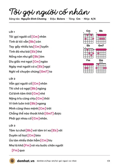Hợp âm Tôi gọi người cố nhân (Nguyễn Đình Chương) – bản nhạc PDF trang 1, tông Cm