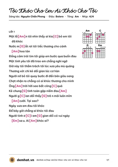 Hợp âm Tôi Khóc Cho Em Ai Khóc Cho Tôi (Lâm Chấn Huy) – bản nhạc PDF trang 1, tông Am