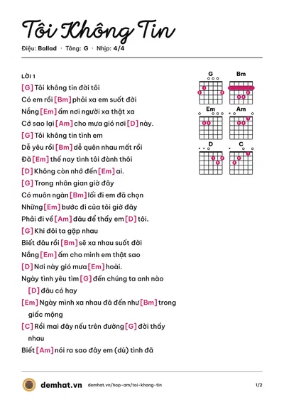 Hợp âm Tôi Không Tin (Ưng Hoàng Phúc) – bản nhạc PDF trang 1, tông G