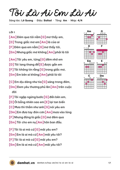 Hợp âm Tôi Là Ai Em Là Ai (Kasim Hoàng Vũ) – bản nhạc PDF trang 1, tông Am