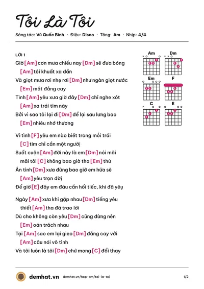 Hợp âm Tôi Là Tôi (Quách Thành Danh) – bản nhạc PDF trang 1, tông Am