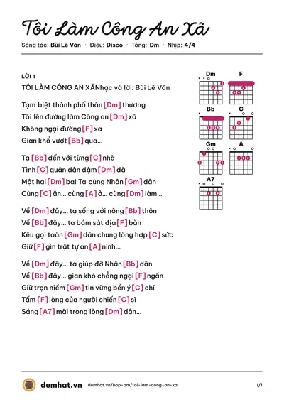 Hợp âm Tôi Làm Công An Xã (Triệu Lộc) – bản nhạc PDF trang 1, tông Dm