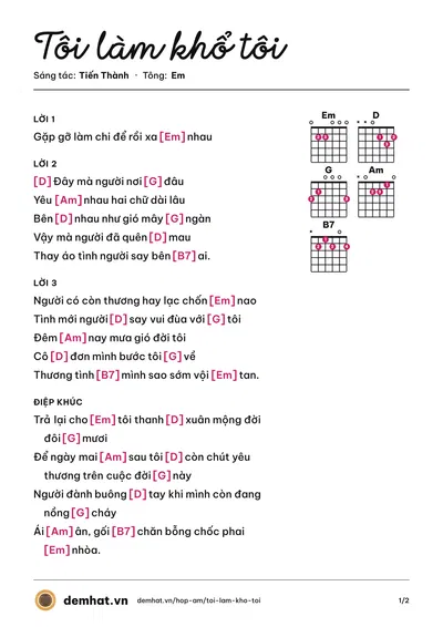 Hợp âm Tôi làm khổ tôi (Tiến Thành) – bản nhạc PDF trang 1, tông Em