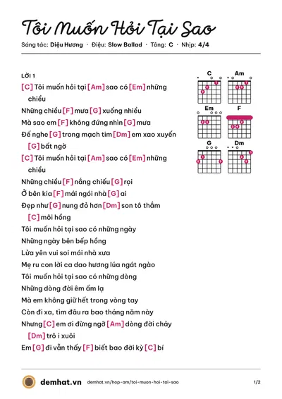 Hợp âm Tôi Muốn Hỏi Tại Sao (Quang Dũng) – bản nhạc PDF trang 1, tông C