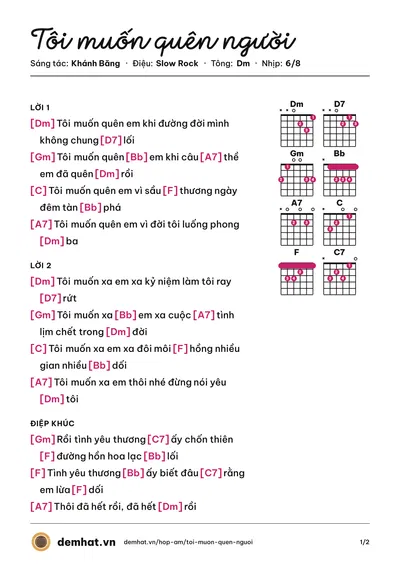 Hợp âm Tôi muốn quên người (Thái Châu) – bản nhạc PDF trang 1, tông Dm