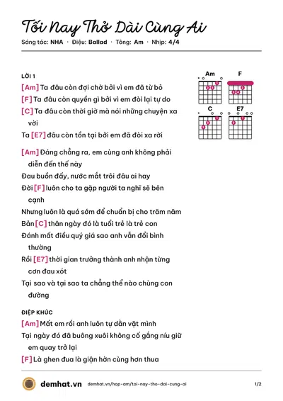 Hợp âm Tối Nay Thở Dài Cùng Ai (NHA) – bản nhạc PDF trang 1, tông Am