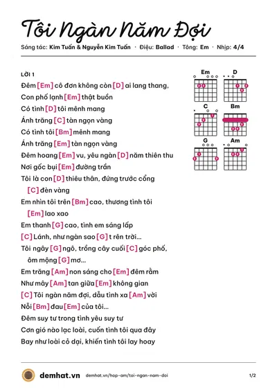 Hợp âm Tôi Ngàn Năm Đợi (Hạ Vy) – bản nhạc PDF trang 1, tông Em