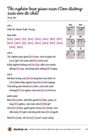 Hợp âm Tôi nghèo bao gian nan (Con đường xưa em đi chế) (Bích Ngọc) – bản nhạc PDF trang 1, tông Em