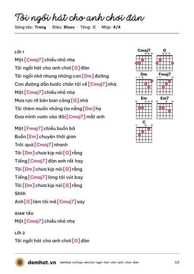 Hợp âm Tôi ngồi hát cho anh chơi đàn (Trang) – bản nhạc PDF trang 1, tông C