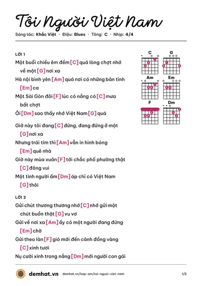 Hợp âm Tôi Người Việt Nam (Khắc Việt) – bản nhạc PDF trang 1, tông C