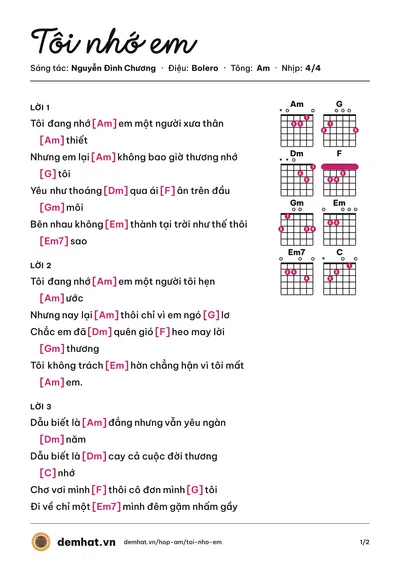 Hợp âm Tôi nhớ em (Nguyễn Đình Chương) – bản nhạc PDF trang 1, tông Am