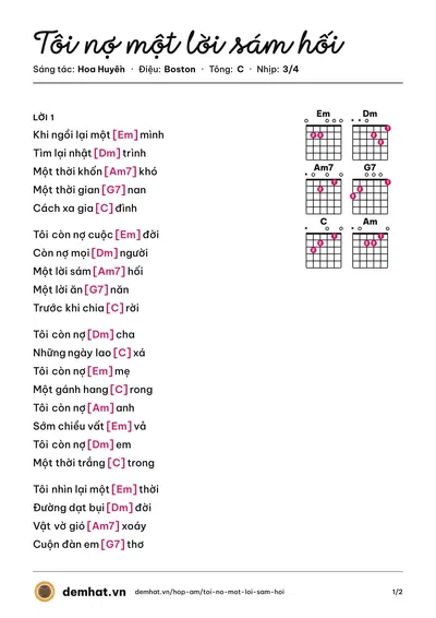 Hợp âm Tôi nợ một lời sám hối (Đức Duy) – bản nhạc PDF trang 1, tông C