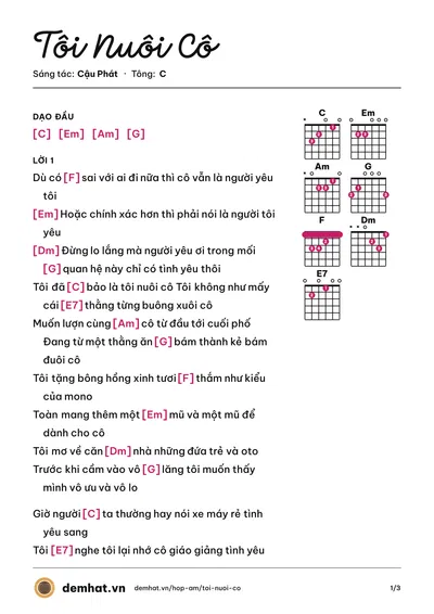 Hợp âm Tôi Nuôi Cô (Cậu Phát) – bản nhạc PDF trang 1, tông C