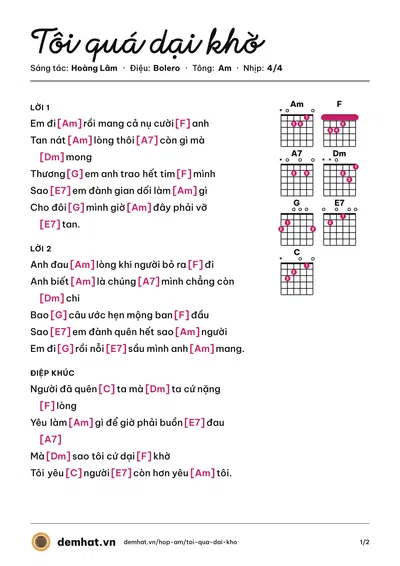 Hợp âm Tôi quá dại khờ (Hoàng Lâm) – bản nhạc PDF trang 1, tông Am