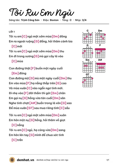 Hợp âm Tôi Ru Em Ngủ (Khánh Ly) – bản nhạc PDF trang 1, tông C