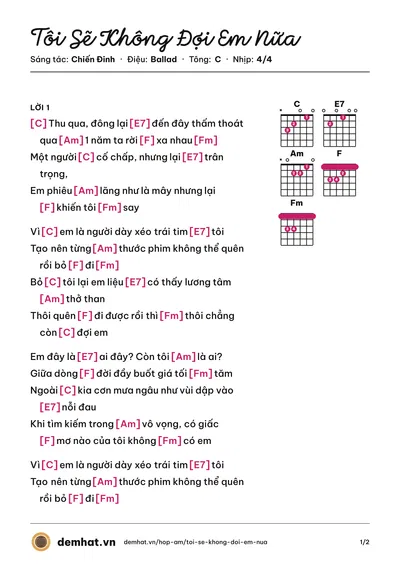 Hợp âm Tôi Sẽ Không Đợi Em Nữa (Chiến Đinh) – bản nhạc PDF trang 1, tông C