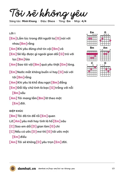 Hợp âm Tôi sẽ không yêu (Trần Tâm) – bản nhạc PDF trang 1, tông Em