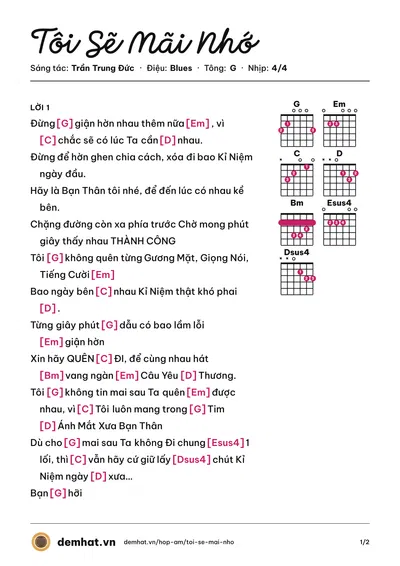 Hợp âm Tôi Sẽ Mãi Nhớ (Trần Trung Đức) – bản nhạc PDF trang 1, tông G