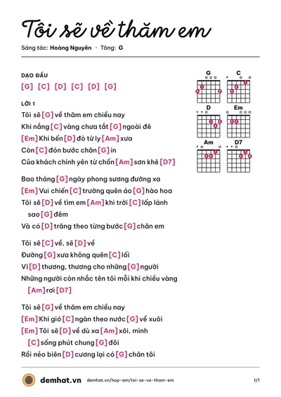 Hợp âm Tôi sẽ về thăm em (Minh Châu) – bản nhạc PDF trang 1, tông G