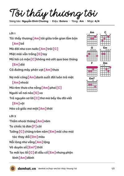 Hợp âm Tôi thấy thương tôi (Nguyễn Đình Chương) – bản nhạc PDF trang 1, tông Am
