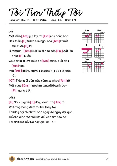Hợp âm Tôi Tìm Thấy Tôi (Hồ Quỳnh Hương) – bản nhạc PDF trang 1, tông Am