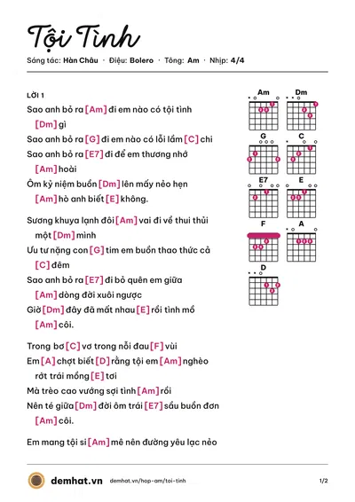 Hợp âm Tội Tình (Duy Trường) – bản nhạc PDF trang 1, tông Am