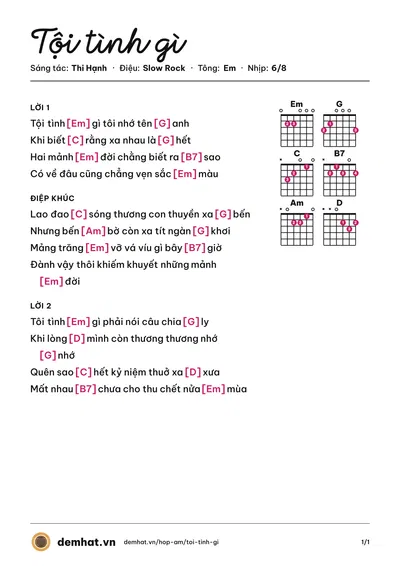 Hợp âm Tội tình gì (Thi Hạnh) – bản nhạc PDF trang 1, tông Em