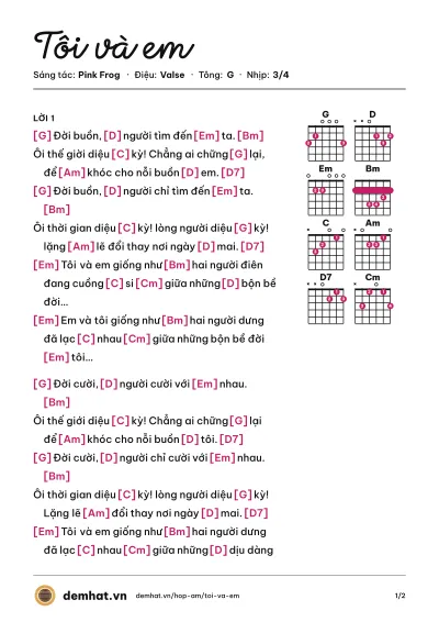 Hợp âm Tôi và em (Pink Frog) – bản nhạc PDF trang 1, tông G