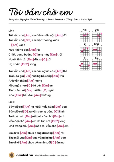 Hợp âm Tôi vẫn chờ em (Nguyễn Đình Chương) – bản nhạc PDF trang 1, tông Am