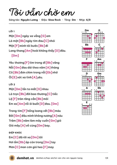 Hợp âm Tôi vẫn chờ em (Nguyên Lương) – bản nhạc PDF trang 1, tông Dm