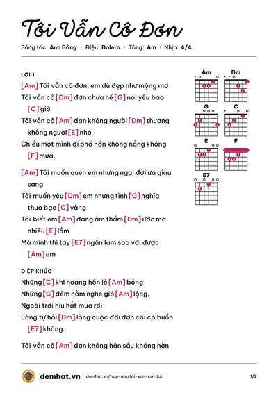 Hợp âm Tôi Vẫn Cô Đơn (Đan Nguyên) – bản nhạc PDF trang 1, tông Am