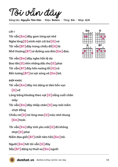 Hợp âm Tôi vẫn đây (Lâm Dung) – bản nhạc PDF trang 1, tông Em