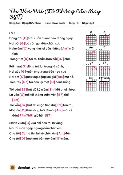 Hợp âm Tôi Vẫn Hát (Kẻ Không Cầu May OST) (Thu Hương) – bản nhạc PDF trang 1, tông G