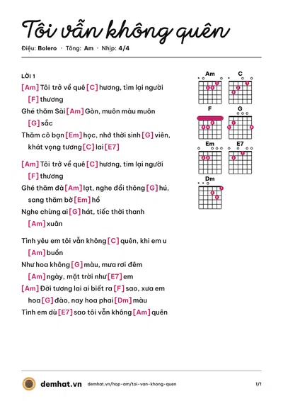 Hợp âm Tôi vẫn không quên (Đan Nguyên) – bản nhạc PDF trang 1, tông Am