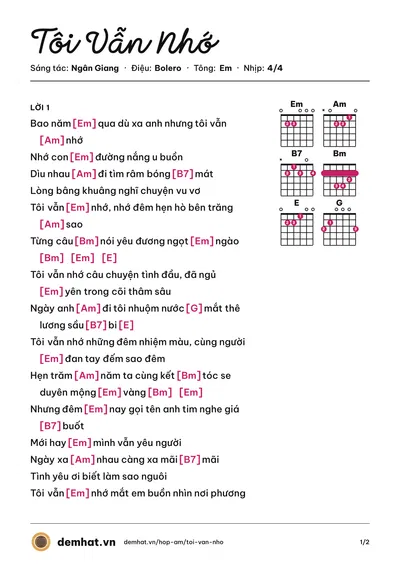 Hợp âm Tôi Vẫn Nhớ (Quang Dũng) – bản nhạc PDF trang 1, tông Em