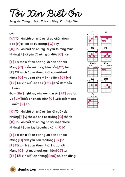 Hợp âm Tôi Xin Biết Ơn (Trang) – bản nhạc PDF trang 1, tông C