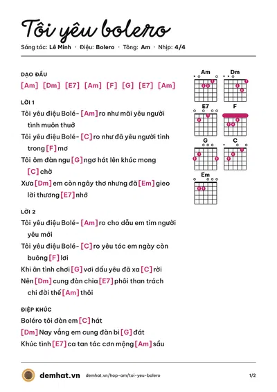 Hợp âm Tôi yêu bolero (Lê Minh) – bản nhạc PDF trang 1, tông Am