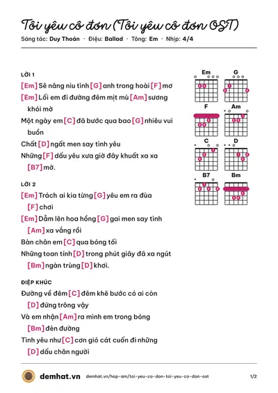 Hợp âm Tôi yêu cô đơn (Tôi yêu cô đơn OST) (Trương Quỳnh Anh) – bản nhạc PDF trang 1, tông Em