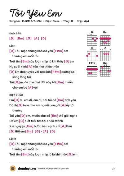 Hợp âm Tôi Yêu Em (K-ICM) – bản nhạc PDF trang 1, tông D