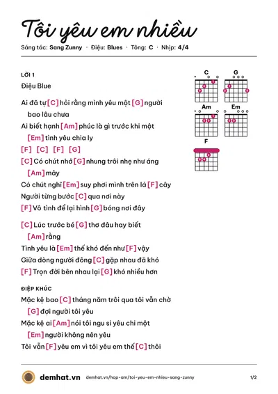 Hợp âm Tôi yêu em nhiều (Quân Keyboard) – bản nhạc PDF trang 1, tông C