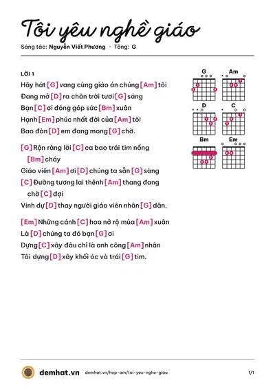 Hợp âm Tôi yêu nghề giáo (Tốp Ca) – bản nhạc PDF trang 1, tông G