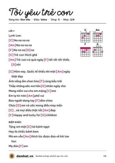 Hợp âm Tôi yêu trẻ con (Đen Vâu) – bản nhạc PDF trang 1, tông C