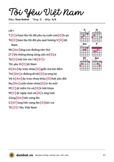 Hợp âm Tôi Yêu Việt Nam (Mỹ Tâm) – bản nhạc PDF trang 1, tông C