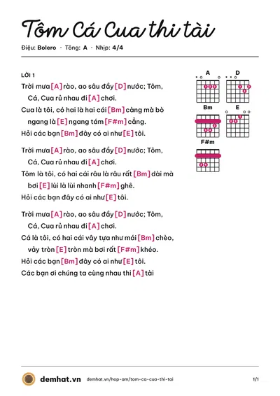 Hợp âm Tôm Cá Cua thi tài (Quân Keyboard) – bản nhạc PDF trang 1, tông A