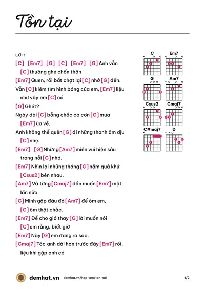 Hợp âm Tồn tại (daosey) – bản nhạc PDF trang 1