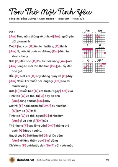 Hợp âm Tôn Thờ Một Tình Yêu (Bằng Cường) – bản nhạc PDF trang 1, tông Am