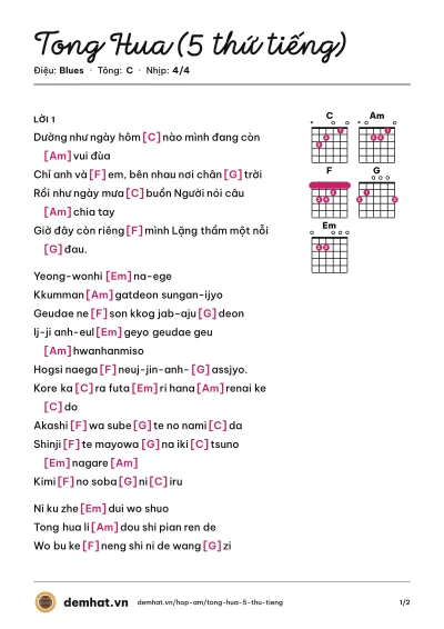 Hợp âm Tong Hua (5 thứ tiếng) (Quang Lương) – bản nhạc PDF trang 1, tông C